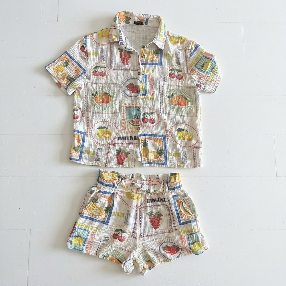 Angel Cult Fruit Print Gauze Shorts Shirt Top Set Womens XS Resort Tropical